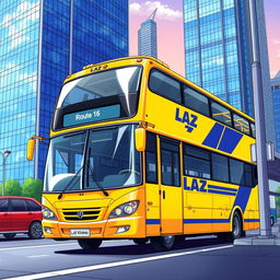 A vibrant anime style illustration featuring a yellow two-floor bus prominently displaying the LAZ manufacturer logo on its side