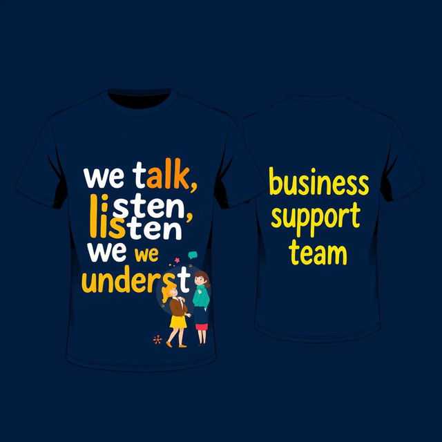 A stylish navy t-shirt design featuring the phrase 'we talk, we listen, we understand' prominently displayed on the front in eye-catching typography