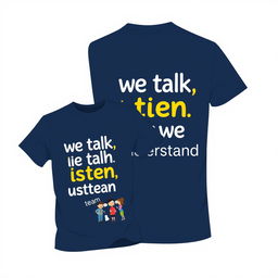 A stylish navy t-shirt design featuring the phrase 'we talk, we listen, we understand' prominently displayed on the front in eye-catching typography