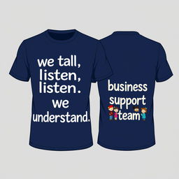 A stylish navy t-shirt design featuring the phrase 'we talk, we listen, we understand' prominently displayed on the front in eye-catching typography