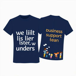 A stylish navy t-shirt design featuring the phrase 'we talk, we listen, we understand' prominently displayed on the front in eye-catching typography