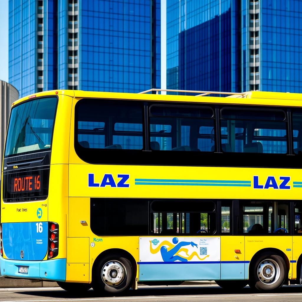 A yellow two-floor bus featuring the LAZ manufacturer logo clearly visible on the side