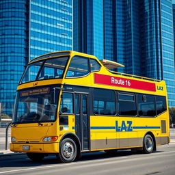 A yellow two-floor bus featuring the LAZ manufacturer logo clearly visible on the side