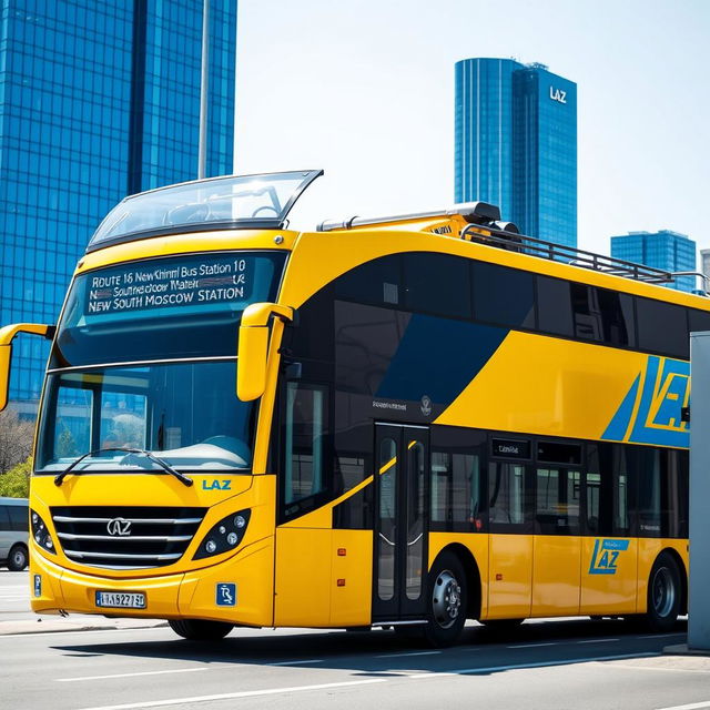 A yellow two-floor bus featuring the LAZ manufacturer logo clearly visible on the side