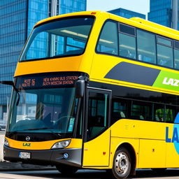 A yellow two-floor bus featuring the LAZ manufacturer logo clearly visible on the side