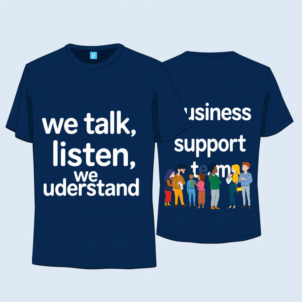 A trendy navy blue t-shirt design featuring the bold phrase 'we talk, we listen, we understand' on the front, using modern and engaging typography