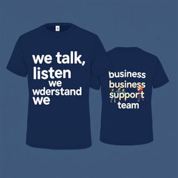 A trendy navy blue t-shirt design featuring the bold phrase 'we talk, we listen, we understand' on the front, using modern and engaging typography