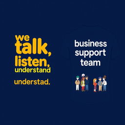 A trendy navy blue t-shirt design featuring the bold phrase 'we talk, we listen, we understand' on the front, using modern and engaging typography