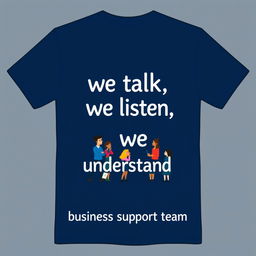 A trendy navy blue t-shirt design featuring the bold phrase 'we talk, we listen, we understand' on the front, using modern and engaging typography