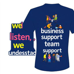 A navy blue t-shirt design featuring the phrase 'we talk, we listen, we understand' prominently displayed on the front in an engaging and modern font