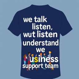 A navy blue t-shirt design featuring the phrase 'we talk, we listen, we understand' prominently displayed on the front in an engaging and modern font