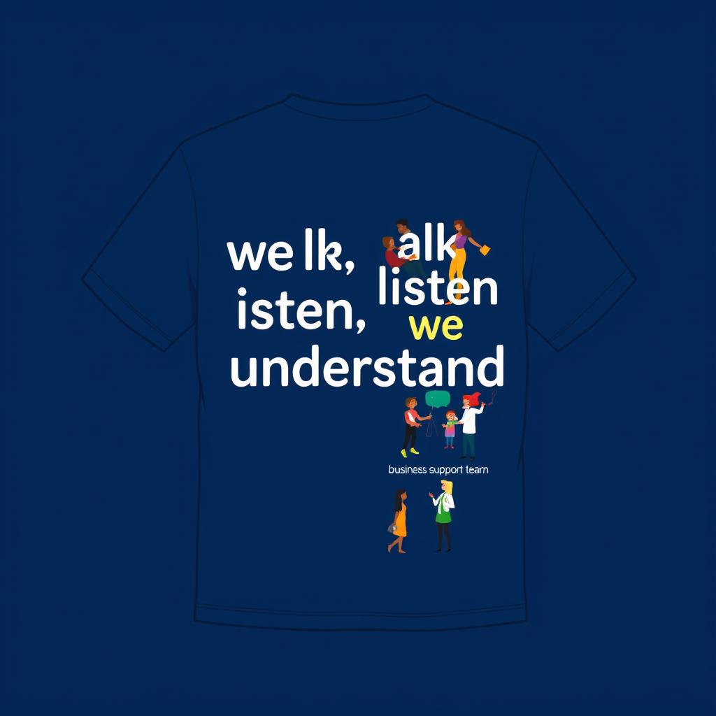 A navy blue t-shirt design featuring the phrase 'we talk, we listen, we understand' prominently displayed on the front in an engaging and modern font