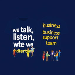 A navy blue t-shirt design featuring the phrase 'we talk, we listen, we understand' prominently displayed on the front in an engaging and modern font