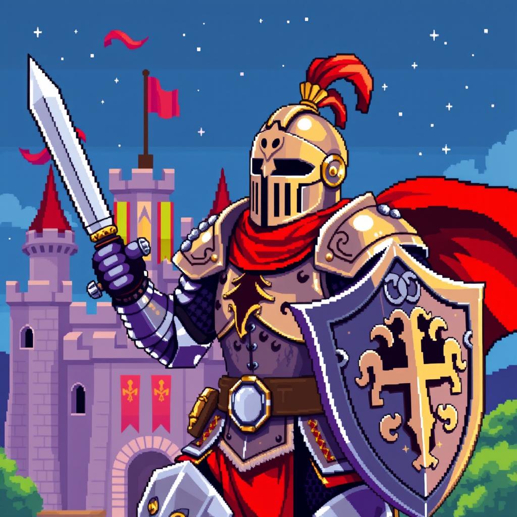 A vibrant pixel art depiction of a medieval knight, fully armored and ready for battle