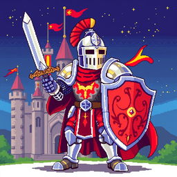 A vibrant pixel art depiction of a medieval knight, fully armored and ready for battle