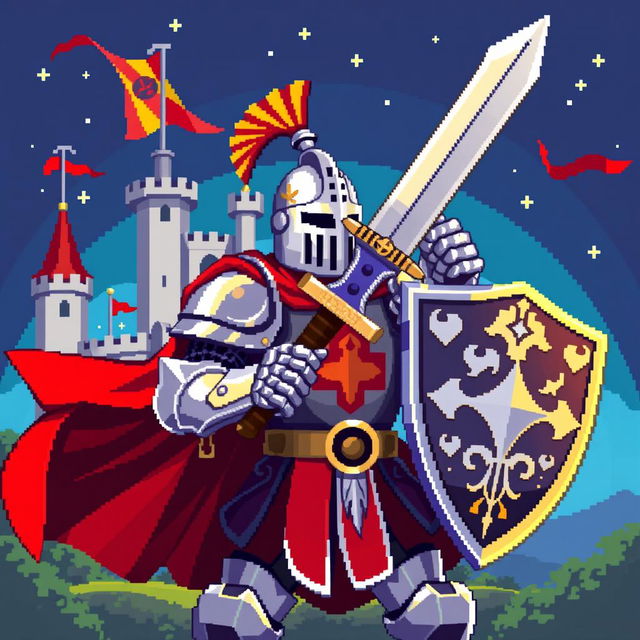 A vibrant pixel art depiction of a medieval knight, fully armored and ready for battle