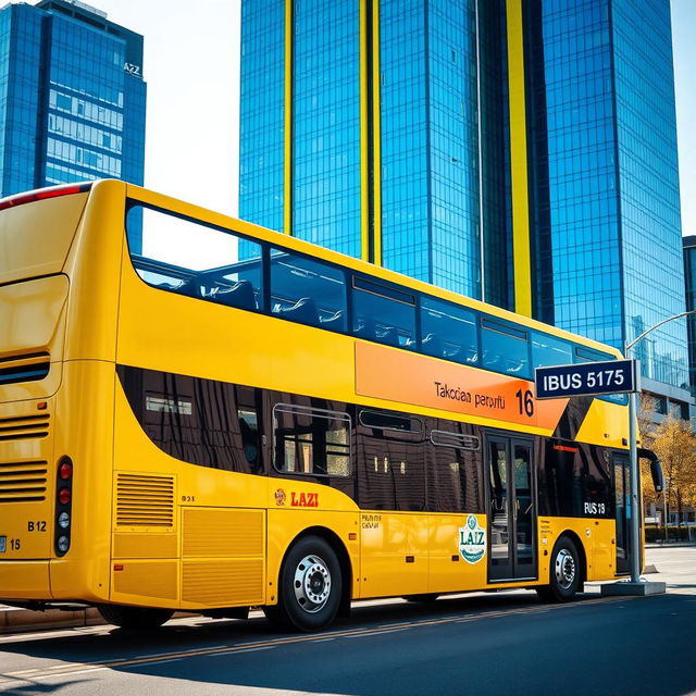 A vibrant yellow two-floor bus parked at a bus stop, featuring the LAZ manufacturer logo on its side