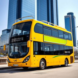 A vibrant yellow two-floor bus parked at a bus stop, featuring the LAZ manufacturer logo on its side