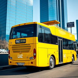 A vibrant yellow two-floor bus parked at a bus stop, featuring the LAZ manufacturer logo on its side