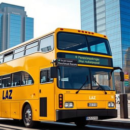 A vibrant yellow two-floor bus parked at a bus stop, featuring the LAZ manufacturer logo on its side