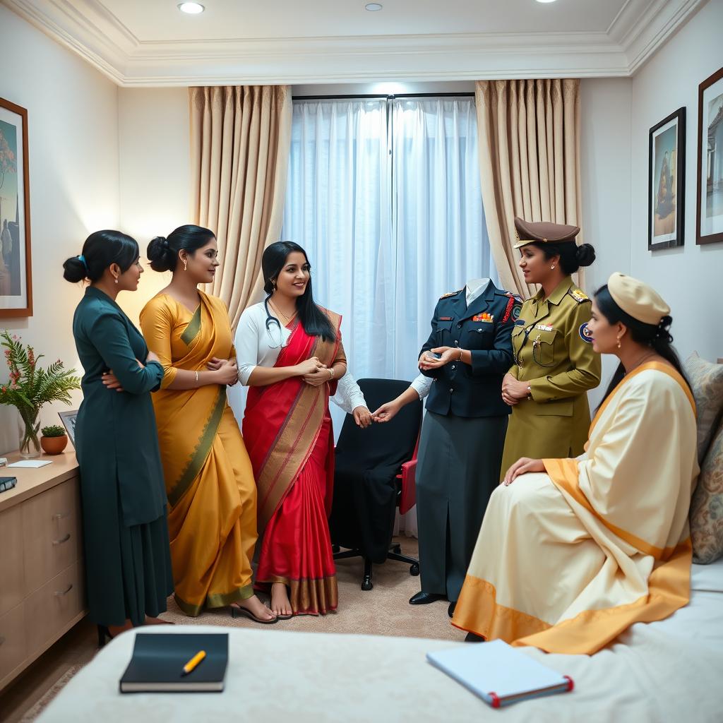 A harmonious and professional scene depicting a group of Indian women in their respective careers: a receptionist, doctor, air hostess, teacher, police officer, and judge