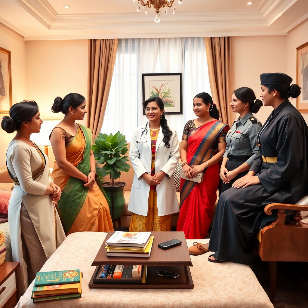 A harmonious and professional scene depicting a group of Indian women in their respective careers: a receptionist, doctor, air hostess, teacher, police officer, and judge