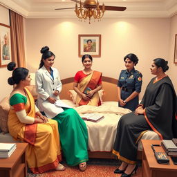 A harmonious and professional scene depicting a group of Indian women in their respective careers: a receptionist, doctor, air hostess, teacher, police officer, and judge