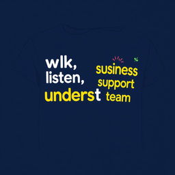 A visually appealing navy blue t-shirt design featuring the bold phrase 'we talk, we listen, we understand' on the front in an attractive and contemporary font