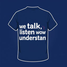 A visually appealing navy blue t-shirt design featuring the bold phrase 'we talk, we listen, we understand' on the front in an attractive and contemporary font