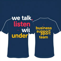 A visually appealing navy blue t-shirt design featuring the bold phrase 'we talk, we listen, we understand' on the front in an attractive and contemporary font