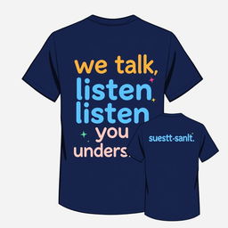 A visually appealing navy blue t-shirt design featuring the bold phrase 'we talk, we listen, we understand' on the front in an attractive and contemporary font