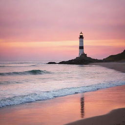 An enchanting sunset at a serene beach, with waves gently lapping against the shore and a solitary lighthouse in the distance silhouetted against the orange and pink hued sky.