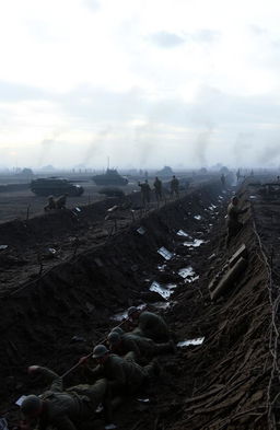 A historically accurate depiction of World War I battlefield, featuring soldiers in period-appropriate uniforms such as British and German troops, with trenches full of mud and barbed wire