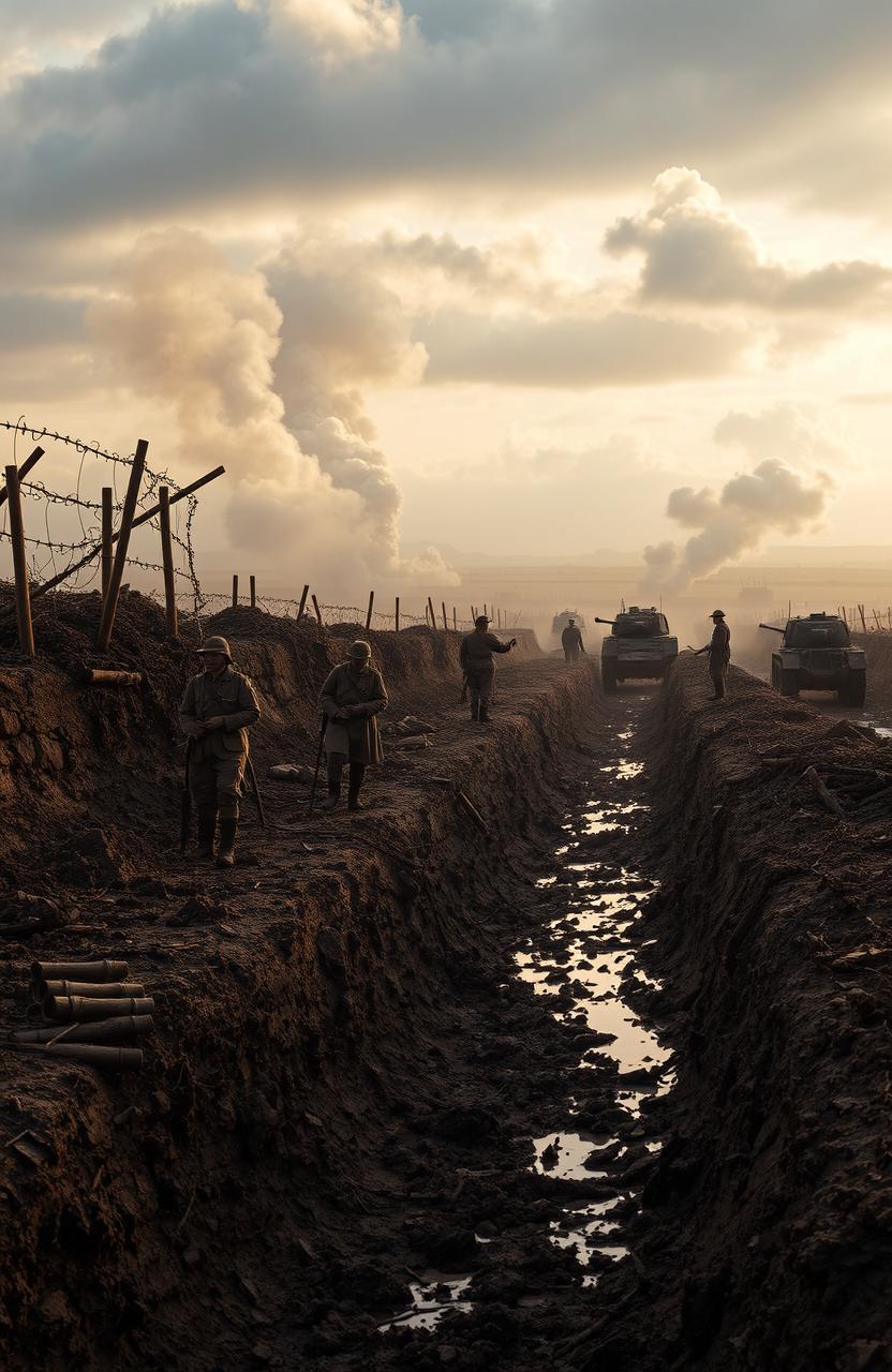 A historically accurate depiction of World War I battlefield, featuring soldiers in period-appropriate uniforms such as British and German troops, with trenches full of mud and barbed wire