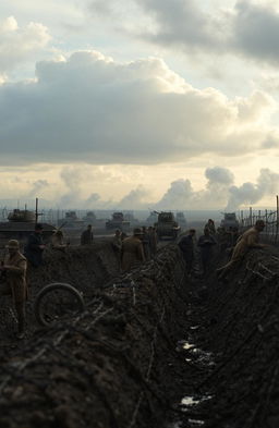 A historically accurate depiction of World War I battlefield, featuring soldiers in period-appropriate uniforms such as British and German troops, with trenches full of mud and barbed wire