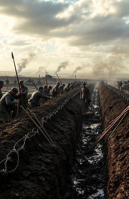 A historically accurate depiction of World War I battlefield, featuring soldiers in period-appropriate uniforms such as British and German troops, with trenches full of mud and barbed wire