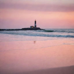 An enchanting sunset at a serene beach, with waves gently lapping against the shore and a solitary lighthouse in the distance silhouetted against the orange and pink hued sky.