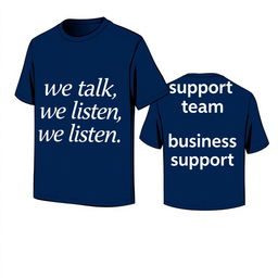 A stylish navy blue t-shirt design featuring the slogan 'we talk, we listen, we understand' elegantly positioned on the front in a contemporary and eye-catching font