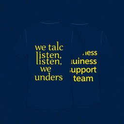 A stylish navy blue t-shirt design featuring the slogan 'we talk, we listen, we understand' elegantly positioned on the front in a contemporary and eye-catching font