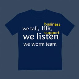 A stylish navy blue t-shirt design featuring the slogan 'we talk, we listen, we understand' elegantly positioned on the front in a contemporary and eye-catching font