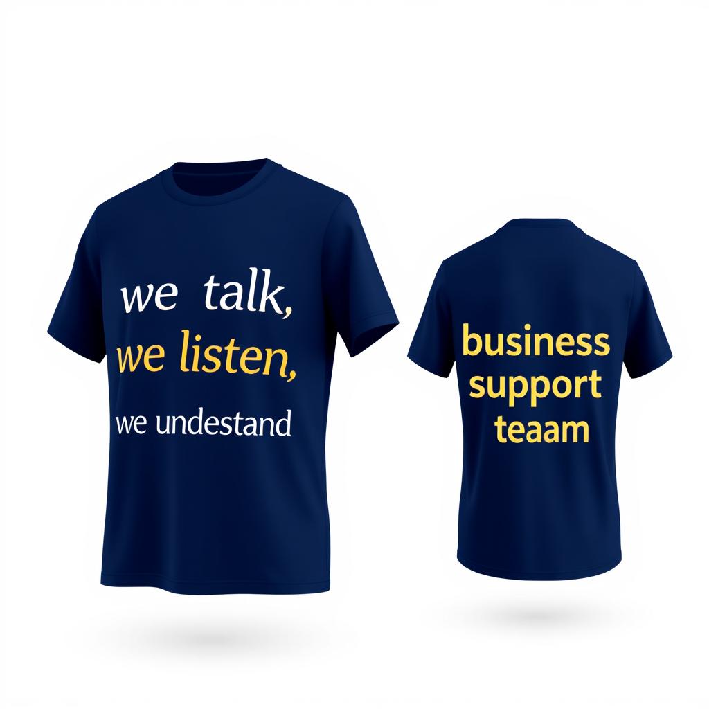 A stylish navy blue t-shirt design featuring the slogan 'we talk, we listen, we understand' elegantly positioned on the front in a contemporary and eye-catching font