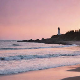 An enchanting sunset at a serene beach, with waves gently lapping against the shore and a solitary lighthouse in the distance silhouetted against the orange and pink hued sky.