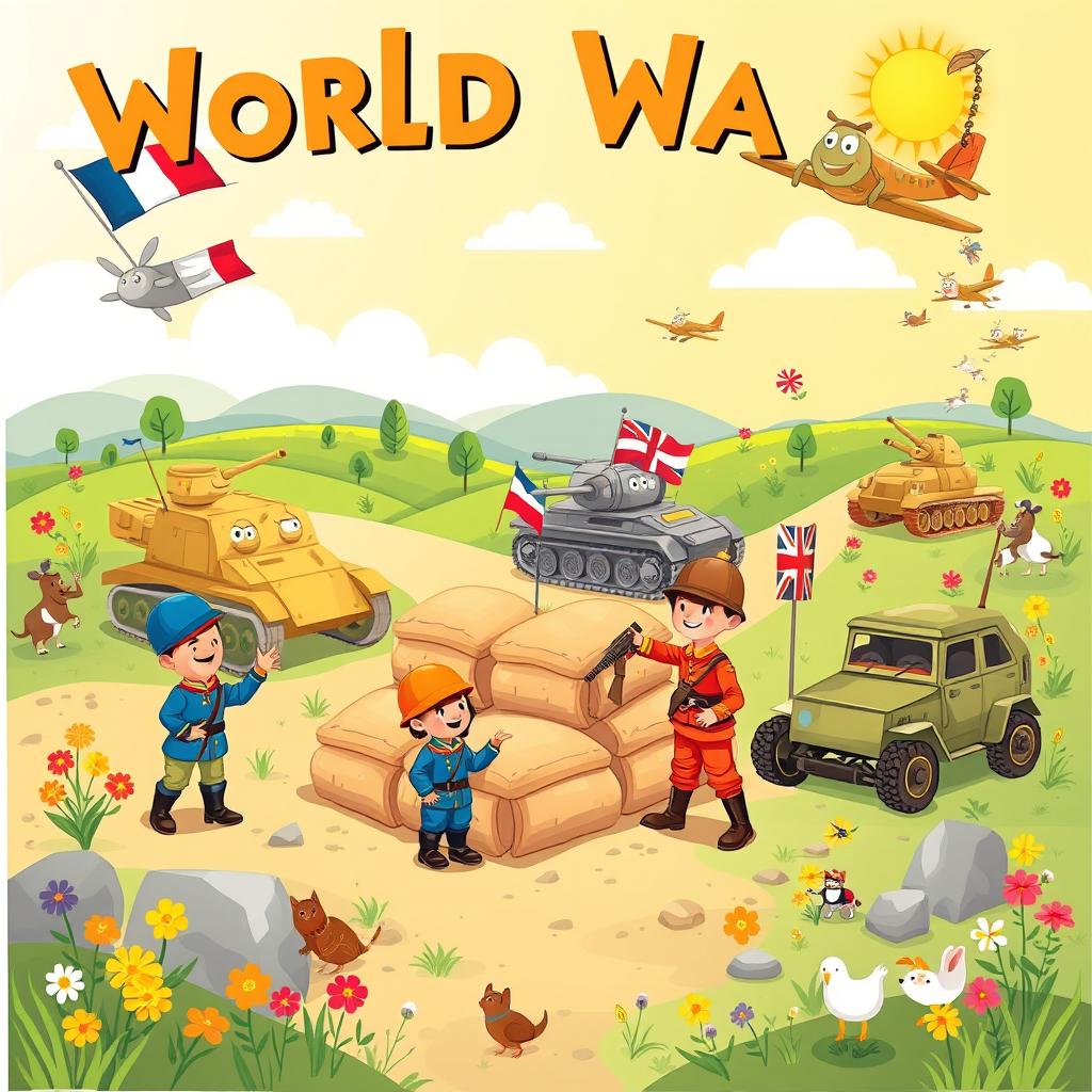 A colorful and educational illustration of World War I designed for kids, featuring friendly cartoon-style soldiers in bright uniforms, such as French and British troops, engaging in playful activities like building sandbag walls and waving flags in a peaceful setting