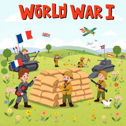 A colorful and educational illustration of World War I designed for kids, featuring friendly cartoon-style soldiers in bright uniforms, such as French and British troops, engaging in playful activities like building sandbag walls and waving flags in a peaceful setting