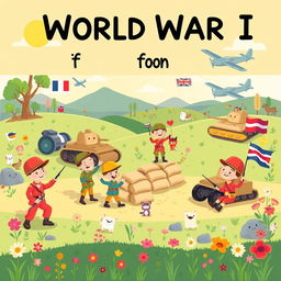 A colorful and educational illustration of World War I designed for kids, featuring friendly cartoon-style soldiers in bright uniforms, such as French and British troops, engaging in playful activities like building sandbag walls and waving flags in a peaceful setting