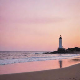 An enchanting sunset at a serene beach, with waves gently lapping against the shore and a solitary lighthouse in the distance silhouetted against the orange and pink hued sky.