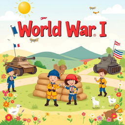 A colorful and educational illustration of World War I designed for kids, featuring friendly cartoon-style soldiers in bright uniforms, such as French and British troops, engaging in playful activities like building sandbag walls and waving flags in a peaceful setting