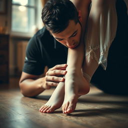 A man gently licking the foot of a woman who is wearing delicate, thin stockings, creating an intimate moment