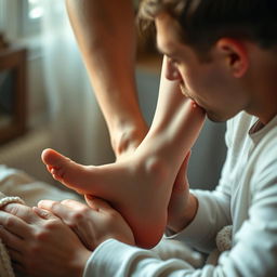 A man gently licking the foot of a woman who is wearing delicate, thin stockings, creating an intimate moment