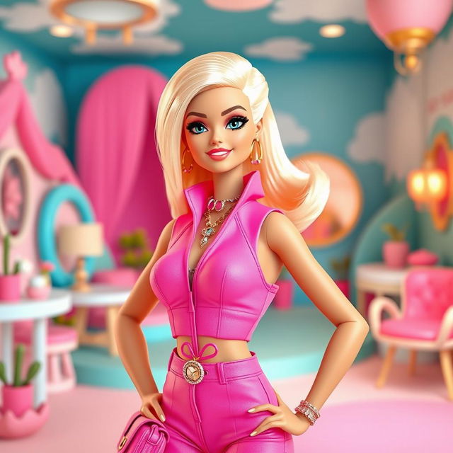 A stylish human character inspired by the iconic Barbie doll, with bright blonde hair styled in a sleek, modern cut